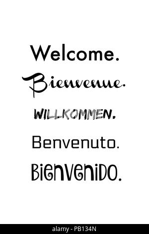 The word Welcome in different languages in black text placed on a white background. Stock Photo