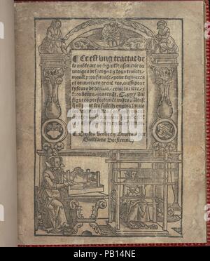 Ce est ung tractat de la noble art de leguille ascavoir ouvraiges de spaigne... title page (recto). Dimensions: Overall: 6 7/8 x 5 11/16 in. (17.5 x 14.5 cm). Printer: Willem Vorsterman (Netherlandish, active Antwerp, 1504-43). Date: after 1527.  Printed by Willem Vorsterman.  Title is printed in black and framed within a rectangle that exists at the center of the page. Surrounding the top, left, and right sides of the title is a decorative architectural frame comprised of figures and a set of roundels ornamented with coats of arms. Below the title is a scene depicting 2 women producing textil Stock Photo