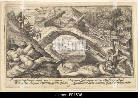 Aftermath of the Flood: human bodies strewn on dry land in the foreground, Noah's ark moored on a rocky outcrop beyond, from a series of engravings for the 'Liber Genesis'. Artist: Crispijn de Passe the Elder (Netherlandish, Arnemuiden 1564-1637 Utrecht). Dimensions: Sheet: 3 1/2 x 5 5/16 in. (8.9 x 13.5 cm)  Plate: 3 5/16 x 5 1/16 in. (8.4 x 12.9 cm). Series/Portfolio: Series of engravings for the 'Liber Genesis'. Date: 1612. Museum: Metropolitan Museum of Art, New York, USA. Stock Photo