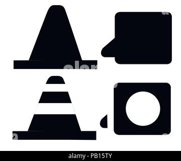 Black silhouette. Road cone icon set. Flat collection orange traffic cone. Vector illustration isolated on white background. Stock Vector