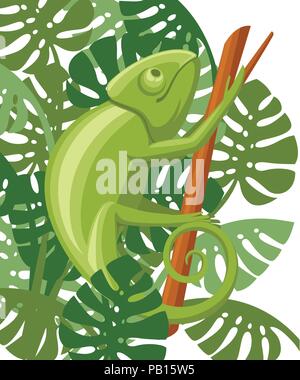 Cartoon chameleon climb on branch. Small green lizard. Chameleon logo design, flat icon. Vector illustration on white background with green leaves. Stock Vector