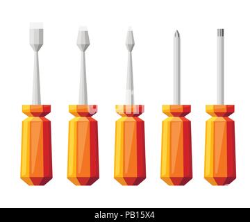 Orange screwdriver set. Screwdrivers with different attachments. Flat vector illustration isolated on white background. Colorful icon. Stock Vector
