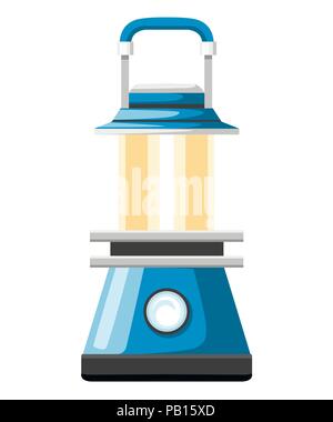 Modern blue oil lamp. Camping lantern. Looks like a gas lamp. Flat vector illustration isolated on white background. Stock Vector