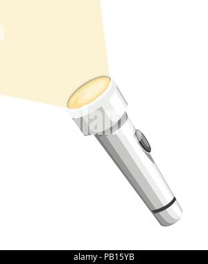 White shining flashlight. Metal flashlight with on off button. Flat vector illustration isolated on white background. Stock Vector