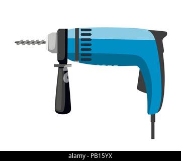 Electric drill illustration. Blue hand drill with black handle. Wired instrument. Building tool. Colorful icon. Flat vector illustration isolated on w Stock Vector