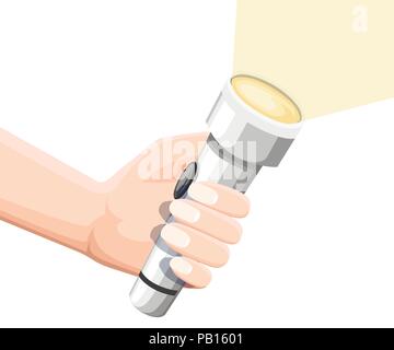 Hand hold white shining flashlight. Metal flashlight with on off button. Flat vector illustration isolated on white background. Stock Vector