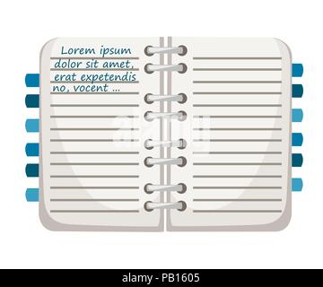 Notebook with bookmarks. Notepad mockup with blue text template. Flat vector illustration isolated on white background. Colorful office supply icon. Stock Vector