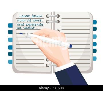 Hand write text. Notebook with bookmarks. Notepad mockup with blue text template. Flat vector illustration isolated on white background. Colorful offi Stock Vector