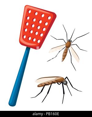 Fly swatter with mosquitos. Tool for destruction of insects at home. Red swatter with blue handle. Flat vector illustration isolated on white backgrou Stock Vector
