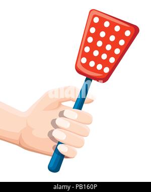 Hand hold fly swatter. Tool for destruction of insects at home. Red swatter with blue handle. Flat vector illustration isolated on white background. Stock Vector