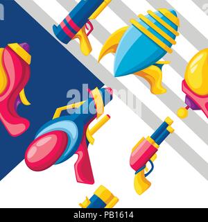 Seamless pattern. Cartoon gun collection. Flat vector colorful toys. Space laser guns design. Vector illustration on abstract background. Stock Vector