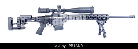 A bolt action precision rifle with a scope mounted on an isolated background Stock Photo