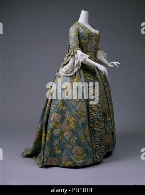 Robe  la Franaise. Culture: British. Date: ca. 1760. The chief  characteristic of eighteenth-century women's dress is the rigid encasement  of the upper body by means of a corset that configures the