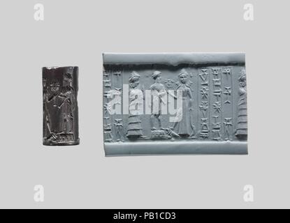 Cylinder seal. Culture: Babylonian. Dimensions: 0.94 in. (2.39 cm). Date: ca. 18th-17th century B.C..  Although engraved stones had been used as early as the seventh millennium B.C. to stamp impressions in clay, the invention in the fourth millennium B.C. of carved cylinders that could be rolled over clay allowed the development of more complex seal designs. These cylinder seals, first used in Mesopotamia, served as a mark of ownership or identification. Seals were either impressed on lumps of clay that were used to close jars, doors, and baskets, or they were rolled onto clay tablets that rec Stock Photo