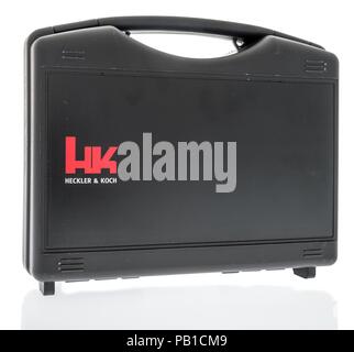 Winneconne, WI - 25July 2018 -  A Heckler and Koch handgun case that can include models P30, HK45, SFP9, USP and Mark 23 on an isolated background. Stock Photo