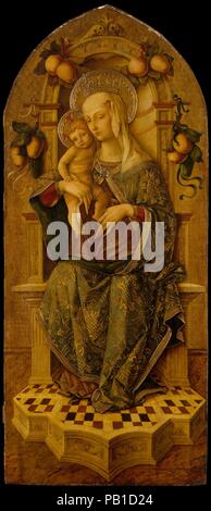 Madonna and Child Enthroned. Artist: Nicola di Maestro Antonio (Italian (active Ancona), 1472-1510) (?). Dimensions: 55 1/2 x 23 3/8 in. (141 x 59.4 cm). Former Attribution: Attributed to Carlo Crivelli (Italian, Venice (?), active by 1457-died 1495 Ascoli Piceno). Date: ca. 1475-90. Museum: Metropolitan Museum of Art, New York, USA. Stock Photo