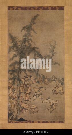 Seven Sages of the Bamboo Grove. Artist: Sesson Shukei (ca. 1504-ca. 1589). Culture: Japan. Dimensions: Image: 40 5/16 × 20 3/8 in. (102.4 × 51.7 cm)  Overall with mounting: 79 3/4 × 26 7/16 in. (202.5 × 67.2 cm)  Overall with knobs: 79 3/4 × 28 9/16 in. (202.5 × 72.6 cm). Date: 1550s.  In China during the turbulent years of the early Western Jin dynasty (265-317), seven literati secluded themselves in a bamboo grove outside the capital. There they escaped from the strictures of officialdom and Confucian conduct, drinking wine, engaging in witty Daoist discourse called qingtan, and playing mus Stock Photo