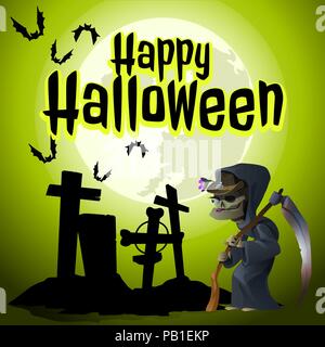 A poster on the theme of the Halloween holiday. The grim Reaper came to an old abandoned cemetery. Vector illustration. Stock Vector