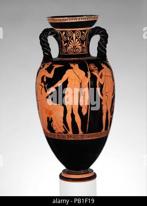 Terracotta neck-amphora (jar) with twisted handles. Culture: Greek, Attic. Dimensions: H. 24 1/8 in. (61.3 cm)  diameter  12 in. (30.5 cm). Date: ca. 440 B.C..  Obverse, Neoptolemos departing  Reverse, man and two women  The magnificent decoration here depicts the departure of a warrior for combat; every figure is identified by name. Kalliope, the woman with the oinochoe (jug) and phiale (libation bowl), and Antimachos, the man holding the shield and helmet, define the immediate subject. At the same time, the seated man, Antiochos, who clasps his son's hand, and the general tenor of the repres Stock Photo