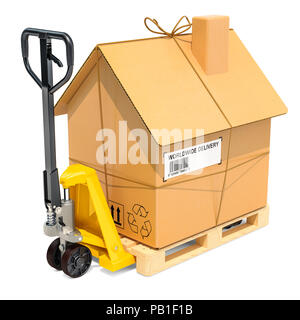 Hydraulic hand pallet truck with cardboard house parcel. Residential Moving concept, 3D rendering isolated on white background Stock Photo