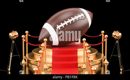 Podium with American football ball, 3D rendering isolated on black background Stock Photo