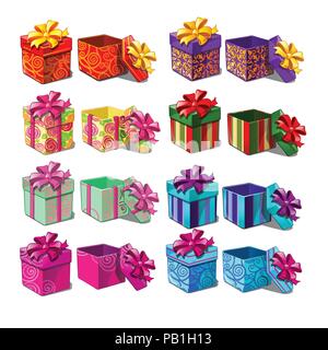 Big set of gift boxes isolated on white background. Vector cartoon close-up illustration. Stock Vector