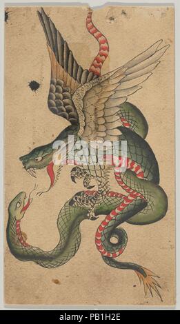 Tattoo Design with a Dragon and Snake (Inspired by Japanese Examples). Artist: Clark & Sellers (American, active 20th century). Dimensions: Sheet: 6 13/16 × 4 1/8 in. (17.3 × 10.5 cm). Date: ca. 1900-1945. Museum: Metropolitan Museum of Art, New York, USA. Stock Photo