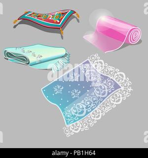 Set fabrics, Oriental rugs isolated on gray background. Vector cartoon close-up illustration. Stock Vector
