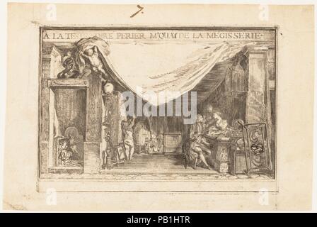 The Shop of M.Périer, Ironwork Merchant. Artist: Gabriel de Saint-Aubin (French, Paris 1724-1780 Paris). Dimensions: sheet: 6 1/8 x 9 1/4 in. (15.5 x 23.5 cm)  image: 4 15/16 x 7 1/8 in. (12.5 x 18.1 cm). Date: 1767.  This design for a business card or an announcement shows an ironmonger's shop as if the façade were removed, presenting the interior as a theatrical tableau. In a setting cluttered with wares, a male customer discusses the merits of a lock with a female employee. This impression is an early, unfinished state on which the artist made certain additions in pen and ink to indicate wh Stock Photo