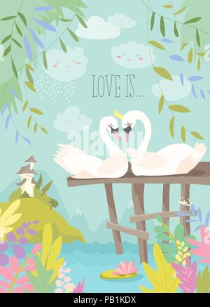 Cartoon swans in love. Fairy tale concept. Stock Vector