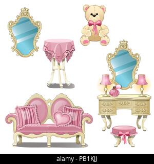 Furniture for interior girl room in pink color isolated on white background. Vector cartoon close-up illustration. Stock Vector