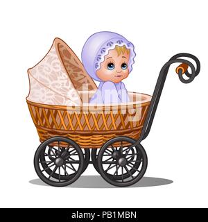 Little girl sitting in a vintage stroller isolated on white background. Vector cartoon close-up illustration. Stock Vector