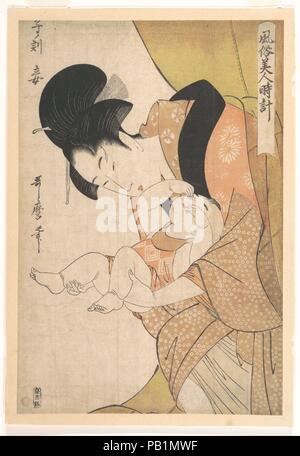 Midnight: Mother and Sleepy Child. Artist: Kitagawa Utamaro (Japanese, ca. 1754-1806). Culture: Japan. Dimensions: 14 3/8 x 9 5/8 in. (36.5 x 24.4cm). Date: 1790.  Kitagawa Utamaro, one of the most prolific artists of the genre of portrayal of beautiful women, was extremely interested in images of mother and child in daily life. This print belongs to a series entitled Fuzoku Bijin Tokei (Women's Daily Customs). To illustrate midnight, Utamaro has chosen a mother who sleepily emerges from her mosquito net to attend to her child, who rubs the sleep from his eyes. The personal, quotidian nature o Stock Photo
