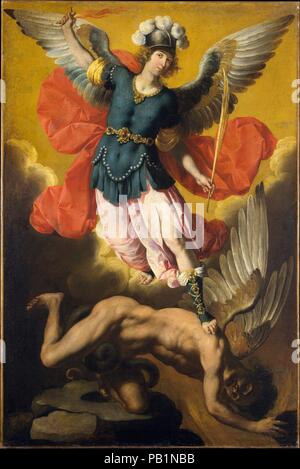 Saint Michael the Archangel. Artist: Ignacio de Ries (Spanish, 1616-after 1665). Dimensions: 64 3/4 x 43 1/4 in. (164.5 x 109.9 cm). Date: 1640s.  Ries was the son of a Flemish painter who had settled in Seville. In the mid-1630s he worked for Zurbarán, some of whose paintings are displayed in this gallery and to whom this picture was long attributed. Now recognized as one of Ries's finest works, dating from the 1640s, this painting relates to both Flemish and Italian traditions. The open-mouthed figure of Satan 'cast out [of heaven] into the earth' (Rev. 12:9) especially recalls the work of R Stock Photo