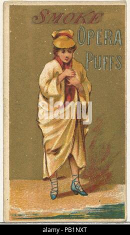 From the Girls and Children series (N65) promoting Opera Puffs Cigarettes for Allen & Ginter brand tobacco products. Dimensions: Sheet: 2 5/8 × 1 1/2 in. (6.7 × 3.8 cm). Publisher: Issued by Allen & Ginter (American, Richmond, Virginia). Date: ca. 1886.  Trade cards from the 'Girls and Children' series (N65), issued ca. 1886 to promote Virginia Brights, Richmond Gem, Richmond Straight Cut No. 1, and Opera Puffs Cigarettes, all distributed by Allen & Ginter Tobacco Manufacturers. Museum: Metropolitan Museum of Art, New York, USA.