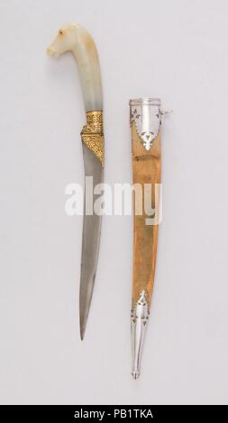 Knife (Kard) with Sheath. Culture: Indian, Mughal. Dimensions: H. with sheath 13 3/8 in. (34 cm); H. without sheath 12 5/16 in. (31.3 cm); H. of blade 8 in. (20.3 cm); W. 2 1/16 in. (5.2 cm); Wt. 5.1 oz. (144.6 g); Wt. of sheath 1.9 oz. (53.9 g). Date: 18th century. Museum: Metropolitan Museum of Art, New York, USA. Stock Photo