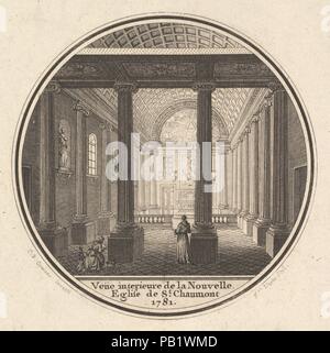 Print of the Reverse of the Portrait Medal of Fortunée-Marie d'Est, Princesse de Conti with an Interier View of the Church of Saint-Chaumont in Paris. Architect: Claude Pierre Convers (French, active ca. 1782). Artist: Joseph Varin (French, Châlons-sur-Marne 1740-1800 Paris). Dimensions: Sheet: 11 3/4 × 8 9/16 in. (29.8 × 21.8 cm)  Plate: 10 1/4 × 8 1/16 in. (26 × 20.5 cm). Date: 1781.  The reverse of the Print of the Portrait Medal of Fortunée-Marie d'Est, Princesse de Conti is of the interior of the Church of Saint-Charmont, Paris, which was designed by the architect, Claude-Pierre Convers.  Stock Photo