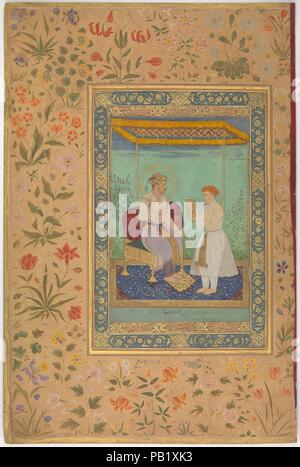 'Jahangir and His Vizier, I'timad al-Daula', Folio from the Shah Jahan Album. Artist: Manohar (active ca. 1582-1624). Calligrapher: Mir 'Ali Haravi (d. ca. 1550). Dimensions: 15 3/8 x 10 3/16in. (39 x 25.9cm)  Mat: 19 1/4 x 14 1/4 in. (48.9 x 36.2 cm)  Frame: 20 1/4 x 15 1/4 in. (51.4 x 38.7 cm). Date: recto: ca. 1615; verso: ca. 1530-45.  While Jahangir (r. 1605-27) and l'timad al-Daula (a title meaning 'reliance of the state') greet each other formally in this painting, they had a warm personal relationship, for in 1611 l'timad al-Daula's daughter had married Jahangir. By virtue of this conn Stock Photo