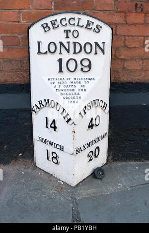 A replica milestone of Beccles to London, Yarmouth, Ipswich, Norwich and Saxmundham, in the historic market town of Beccles, Suffolk, UK Stock Photo