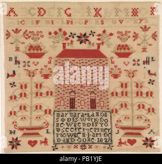 Embroidered Sampler. Culture: American. Dimensions: 16 1/2 x 17 in. (41.9 x 43.2 cm). Maker: Barbara Landis (1816-1884). Date: 1827.  Compared to Barbara Beiler's sampler made seventeen years earlier (34.100.216), Barbara Landis's example shows more of the influence of her English-speaking neighbors. Barbara Landis was a member of the Mennonite sect, and German would have been spoken in her home. Her family, however, must have had some interaction with neighbors outside their immediate group, since Barbara's rather awkwardly spelled motto is traditionally found on samplers made by girls who li Stock Photo