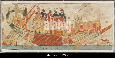 Boat Carrying Captives from Nubia, Tomb of Huy. Artist: Charles K. Wilkinson ca, 1926-1927. Dimensions: Facsimile: H. 32 × W. 71 cm (12 5/8 × 27 15/16 in.); Framed: H. 34 × W. 72.4 cm (13 3/8 × 28 1/2 in.); Scale. 1:1. Dynasty: Dynasty 18. Reign: reign of Akhenaten-Tutankhamun. Date: ca. 1353-1327 B.C..  This facsimile painting copies a scene in the tomb of Amenhotep Huy (TT 40) at Thebes. Other parts of this scene are depicted in 30.4.18 and 30.4.19. Museum: Metropolitan Museum of Art, New York, USA. Stock Photo