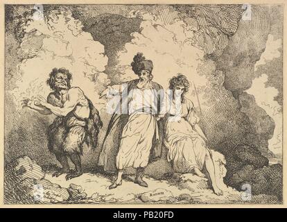 Scene from the Tempest: Caliban, Prospero and Miranda. Artist: After John Hamilton Mortimer (British, Eastbourne 1740-1779 London). Dimensions: Sheet: 9 5/16 x 12 15/16 in. (23.7 x 32.8 cm). Etcher: Thomas Rowlandson (British, London 1757-1827 London). Series/Portfolio: Imitations of Modern Drawings. Subject: William Shakespeare (British, Stratford-upon-Avon 1564-1616 Stratford-upon-Avon). Date: 1784-88.  Prospero here shields Miranda from the malevolant Caliban in an image inspired by act 1, scene 2 of Shakepeare's 'Tempest.' The text of the play reveals that, when the magician and his daught Stock Photo