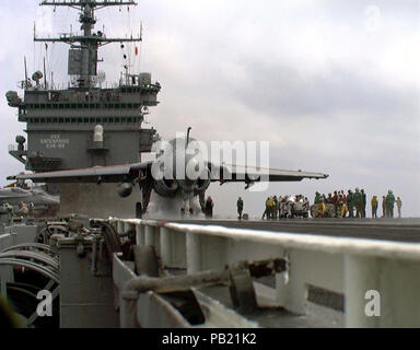 A-6E Intruder preps for launch aboard CVN-65. An A-6 Intruder aircraft assigned to the ''Sunday Punchers'' of Attack Squadron Seven Five (VS 75) makes ready for launch from the number one catapult, during carrier qualifications aboard the US Navy's nuclear powered aircraft carrier USS ENTERPRISE (CVN 65).  Enterpriseis participating in Combined Joint Task Force Exercise '96, as part of a multinational force of over 50,000 Soldiers, Sailors, Airman and Marines from Canada, Britain and the United States. Stock Photo