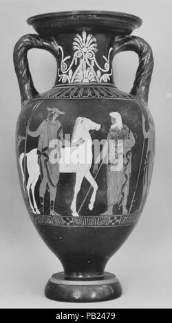 Terracotta neck-amphora (jar) with twisted handles. Culture: Greek, Attic. Dimensions: H. 13 3/4 in. (34.9 cm)  diameter  6 3/4 in. (17.2 cm). Date: ca. 400 B.C..  Obverse, youth departing  Reverse, libation scene  The Suessula Painter's name derives from a site in Campania, in southern Italy, where several works of his were found. The Attic vases exported to Italy were a constant source of inspiration for local artists and spurred the development of a flourishing ceramic industry in the fourth century B.C. Although the subject on this vase is time-honored, the prominence of the added white pa Stock Photo