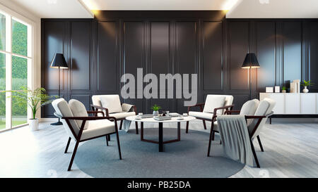 modern contemporary meeting room interior ,white armchair and white cabinet and table on wood floor and classic black wall,3d rendering Stock Photo