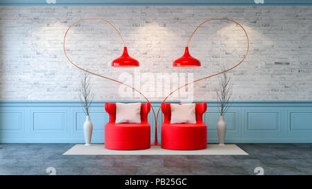 Modern loft interior  ,living room,  white wood flooring, red armchairs  and red lamp on bright gray bricks wall  background , 3d render Stock Photo