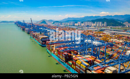 Aerial view of Busan new port of South Korea. Container ship in import export and business logistic in Busan new port. Stock Photo