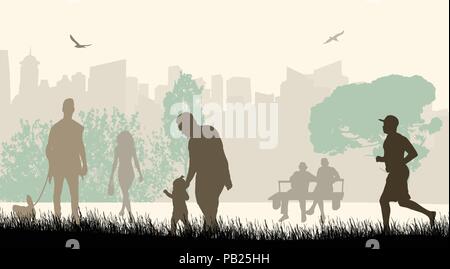 People in a city park silhouettes on beautiful landscape, vector illustration Stock Vector