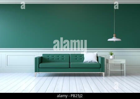 vintage green room ,Minimalist  interior , green sofa with  table  and lamp on green wall and white wood flooring , 3d render Stock Photo
