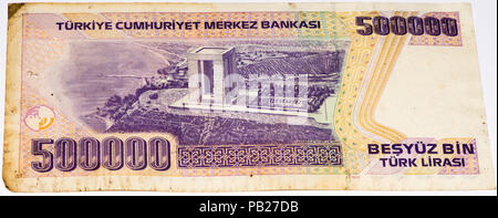 VELIKIE LUKI, RUSSIA - JULY 30, 2015: 500000 Turkish liras bank note. Turkish lira is the national currency of Turkey Stock Photo
